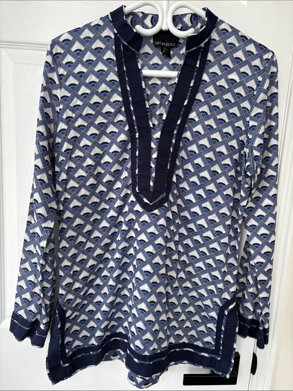 Cynthia Rowley Eclectic Gypsie Blue White Geometric Cotton Tunic with Navy Trim